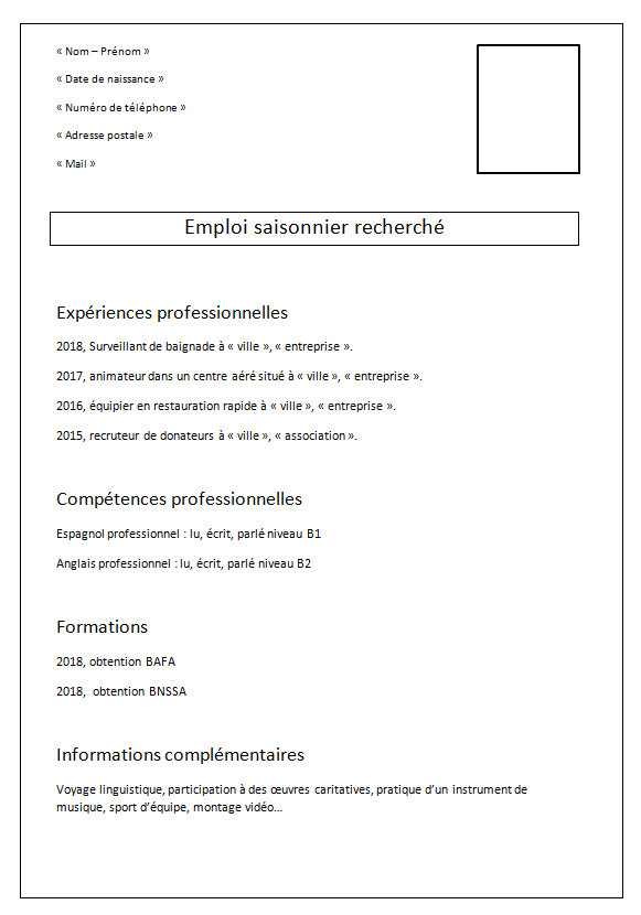 cv pour job d'été