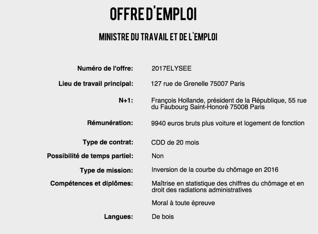 Offre d'emploi Ministre du Travail vu par Slate